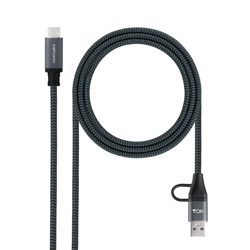 Cable USB 3.2 Gen2x2 20Gbps 5A/100W  USB-C+USB-A/M a USB-C/M  Gris/Negro  1.5m