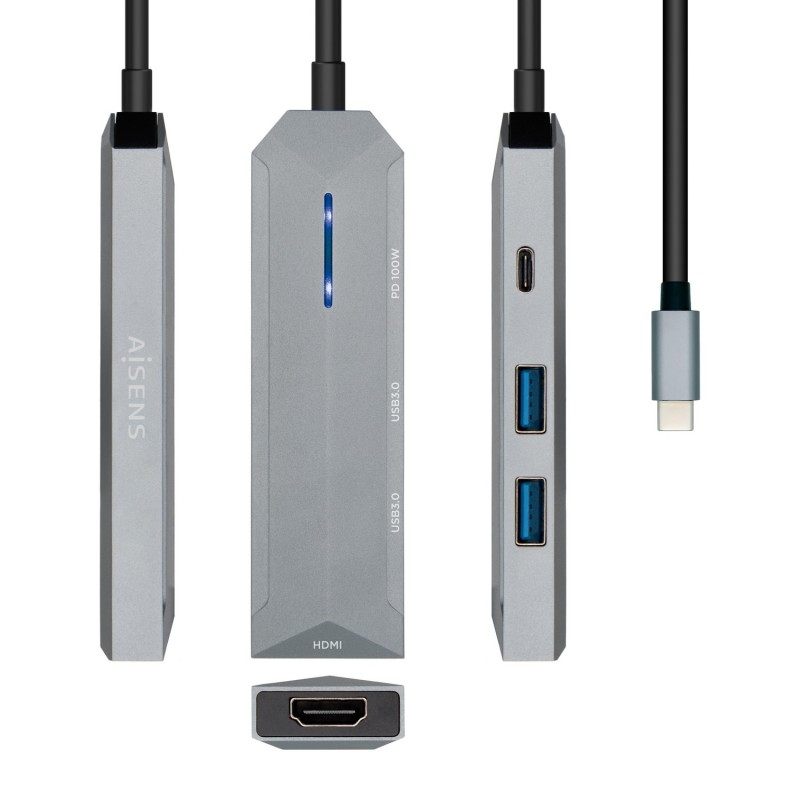 USB-C dock 4 en 1  USB-C a 1xHDMI  2xUSB  1xPD  Gris  15 cm