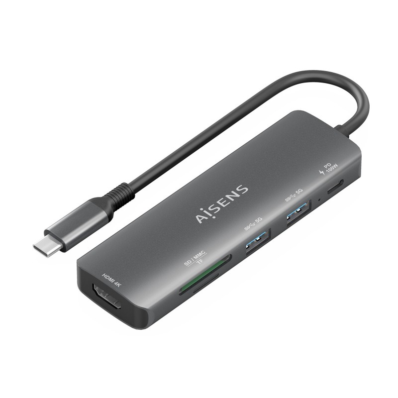 USB-C Dock 6 en 1  USB-C A  1x HDMI  2x USB-A  1x USB-C PD 100W  1x SD  1x MicroSD  Gris  15cm
