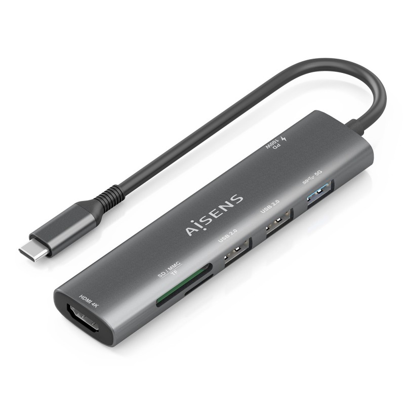 USB-C Dock 7 en 1  USB-C A  1x HDMI  2x USB-A USB2.0  1x USB-A USB3.0  1x USB-C PD 100W  1x SD  1x MicroSD  Gris  15cm