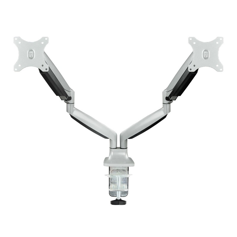Soporte de Mesa Giratorio e Inclinable para 2 Pantallas (Monitor / TV Plasma / LCD / LED) 13” – 32”  de Dos Brazos  Plata