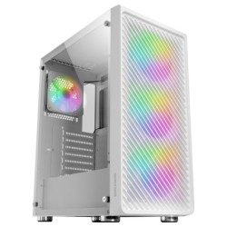 MC-F  Semitorre Gaming ATX  Ventana Completa Cristal Templado  Frontal Metal-Mesh  4X Ventiladores ARGB 120mm  Blanco