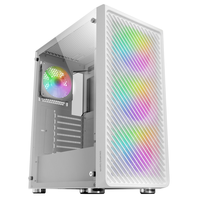 MC-F  Semitorre Gaming ATX  Ventana Completa Cristal Templado  Frontal Metal-Mesh  4X Ventiladores ARGB 120mm  Blanco