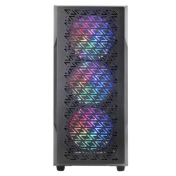 MC-GEO  Caja Gaming ATX  4x Ventiladores FRGB Rainbow 12cm  Panel Frontal Mesh Geométrico  Ventana Lateral Cristal Templado  