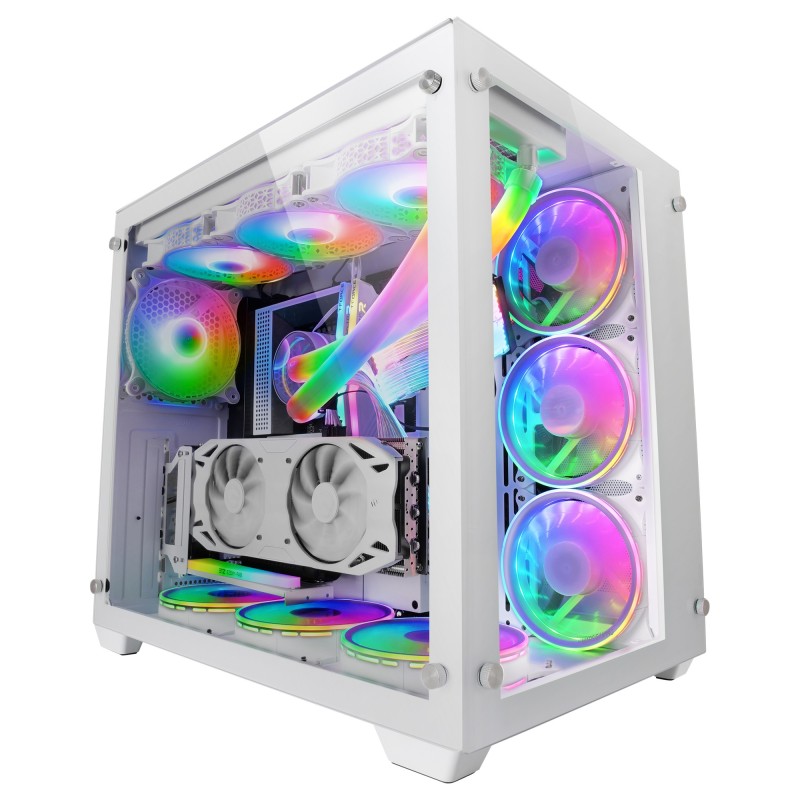 Torre Gaming Custom XXL E-ATX  Ventana Cristal Templado Lateral y Frontal  Estructura Modular Doble Cámara  MCV3  Color Blanc