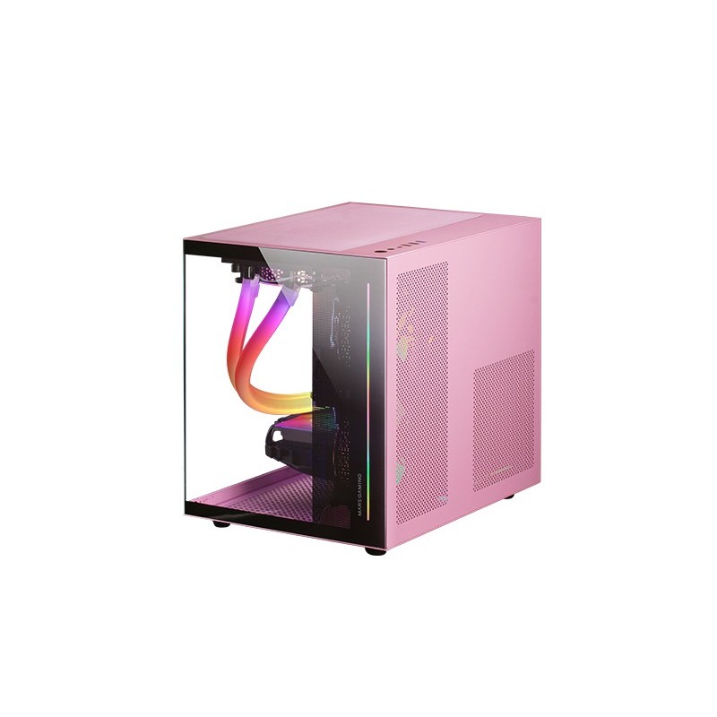 MC-VIEW Rosa  Caja Minitorre Gaming Micro-ATX  Cristal Templado 90° Sin Marco  Estructura Modular Doble Cámara  Soporte Compl