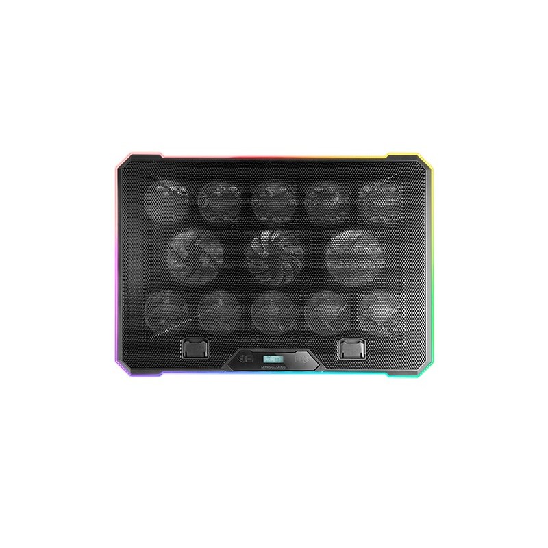 MNBC13  Base Refrigeradora y Stand para Portátiles Hasta 17”  Iluminación ARGB 10 Modos  13x Ventiladores con LED Blanco  Reg