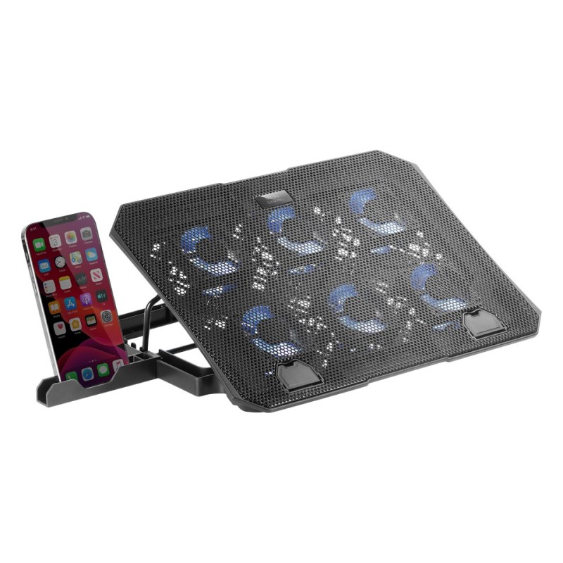 MNBC23  Base Refrigeradora y Stand 16”  6 Ventiladores Controlables con LED Azul  Stand 6 Posiciones  Soporte Smartphone  2 U