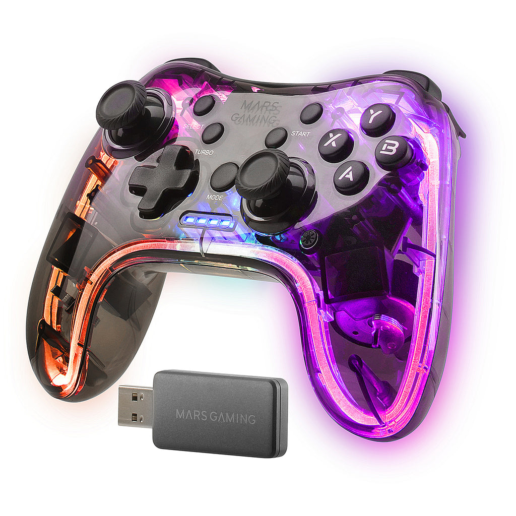 Gamepad Inalmbrico 2.4GPRO  Neon RGB  Vibracin Hptica Dual  Joysticks Analgicos  Mando para PC  PS3  PS4  XBOX360  Raspberry Pi  Mac  Android  MGP-24  Transparente