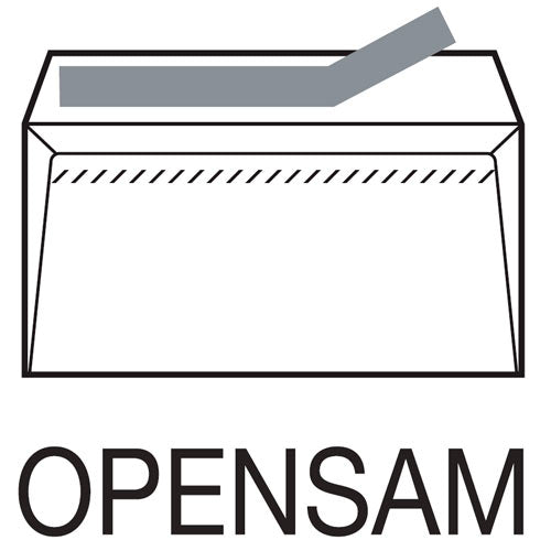 CAJA 500 SOBRES AMERICANO (115X225) OFFSET BLANCO 90 GRS. VENTANA IZQUIERDA 45X100 B.20 I.20 OPENSAM AUTOADHESIVO CON TIRA DE SILICONA SAM 247759