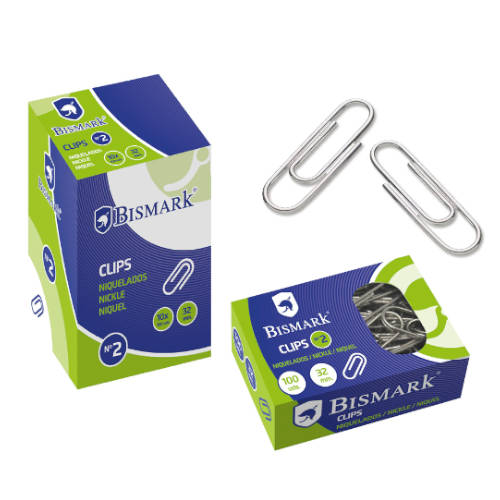 CAJA 100 CLIPS LABIADOS NIQUELADOS PUNTA REDONDA N 2 DE 32 MM. BISMARK 316865