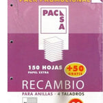 PACK RECAMBIO 90 GRS. 4 TALADROS . DIN A4 CUADRICULA 4X4 150 HOJAS + 50 GRATIS PACSA 21283