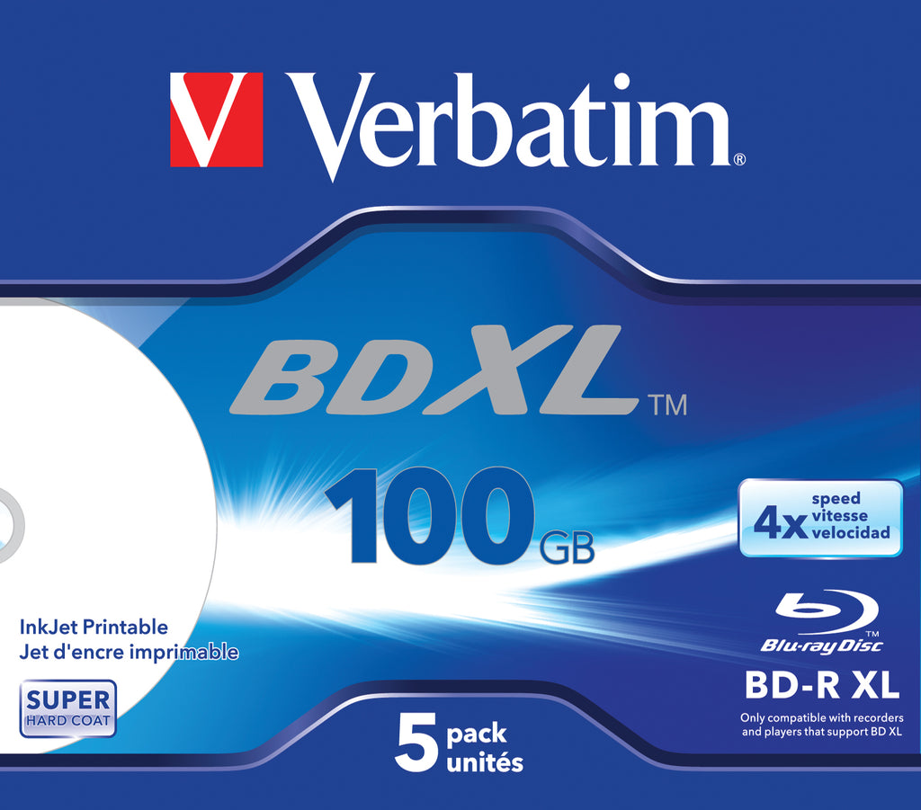 Paquete de cinco en caja Jewel con rea de impresin ancha para impresoras de inyeccin de tinta 4x 100 GB* BD-R XL