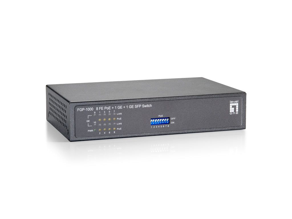 Switch Fast Ethernet PoE de 10 puertos  1 Port Gigabit  1 Port Gigabit SFP  120W  9 PoE Outputs
