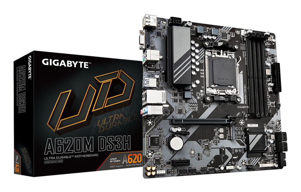 A620M DS3H Placa base - Soporta CPUs AMD Ryzen 8000  VRM digital de 5+2+2 fases  hasta 7600MHz DDR5 (OC)  1xPCIe 4.0 M.2  LAN GbE  USB 3.2 Gen 1