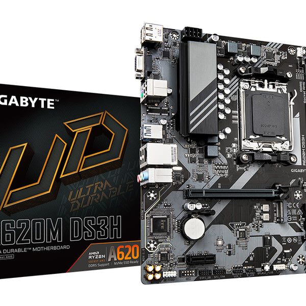 A620M DS3H Placa base - Soporta CPUs AMD Ryzen 8000  VRM digital de 5+2+2 fases  hasta 7600MHz DDR5 (OC)  1xPCIe 4.0 M.2  LAN GbE  USB 3.2 Gen 1