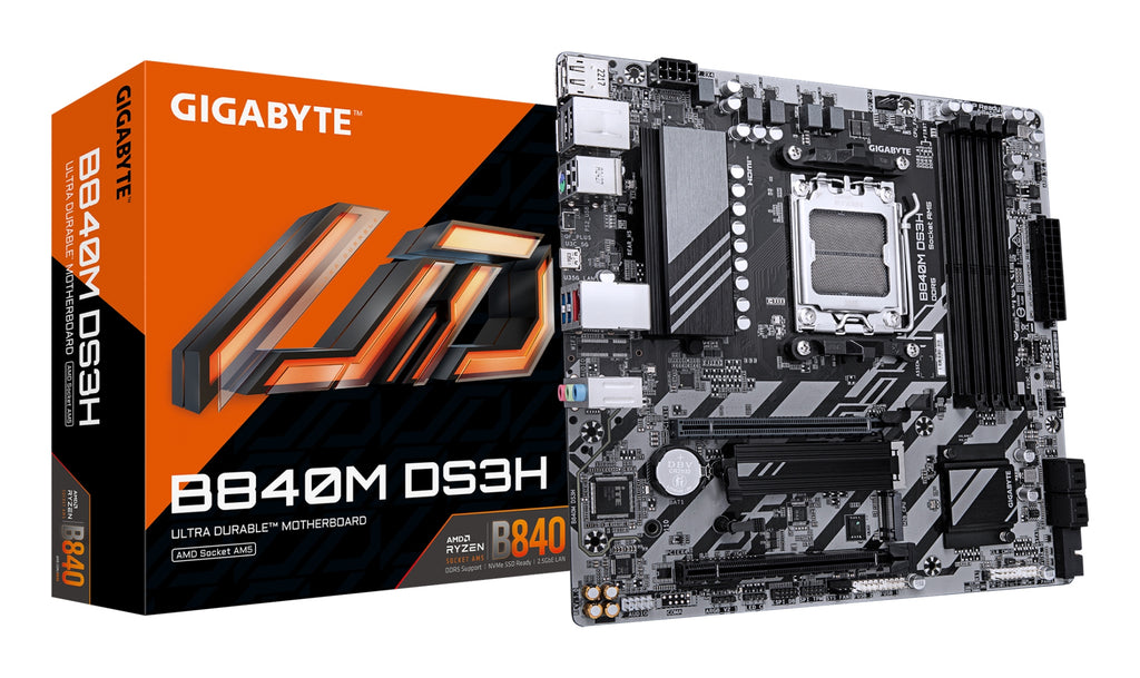 B840M DS3H Placa base - Procesadores AMD Ryzen 9000  VRM de 8+2+2 fases  hasta 8200 MHz DDR5  2xPCIe 4.0 M.2  LAN 2.5GbE  USB 3.2 Gen 1