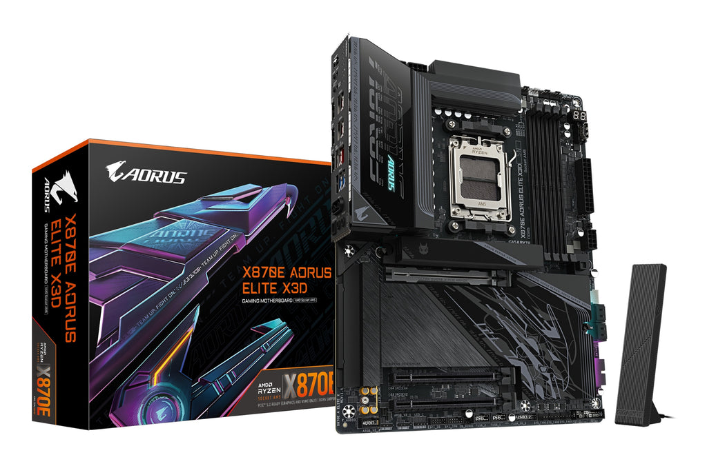 X870E AORUS ELITE X3D Placa Base  Compatible con procesadores AMD Ryzen 9000  VRM digital de 16+2+2 fases  hasta 9000 Hz DDR5 (OC)  2 x PCIe 5.0 + 2 x PCIe 4.0  Wi-Fi 7  LAN 5 GbE  USB 4