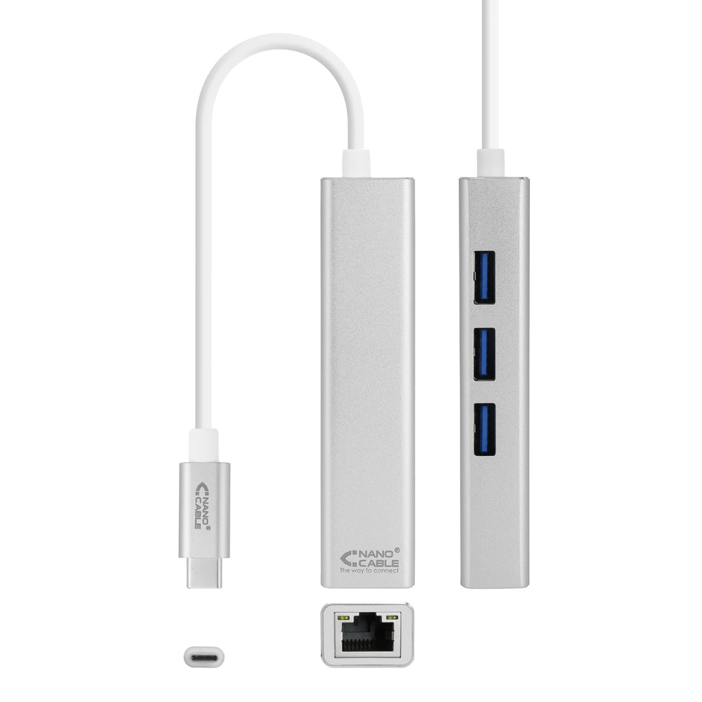 Conversor USB-C a Ethernet Gigabit + 3xUSB 3.0  Plata  15 cm