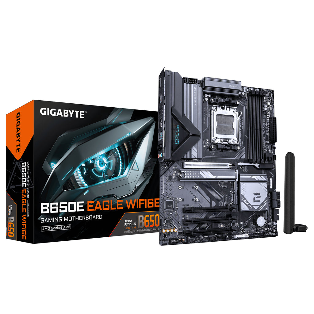 B650E EAGLE WIFI6E Placa Base - Procesadores AMD Ryzen 9000 Series  VRM de 8+2+2 fases  hasta 8200MHz DDR5 (O.C)  1xPCIe 5.0 + 2xPCIe 4.0 M.2  LAN 2.5GbE  WIFI 6E  USB 3.2 Gen 2