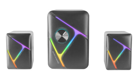 MS-H21  Altavoces Gaming RGB 2.1 y Subwoofer 35W  Sistema Drivers Invertidos 3D Surround  Altavoces Compactos con Iluminacin Dinmica RGB  Alimentacin USB y Conector Jack 3.5mm  Negro