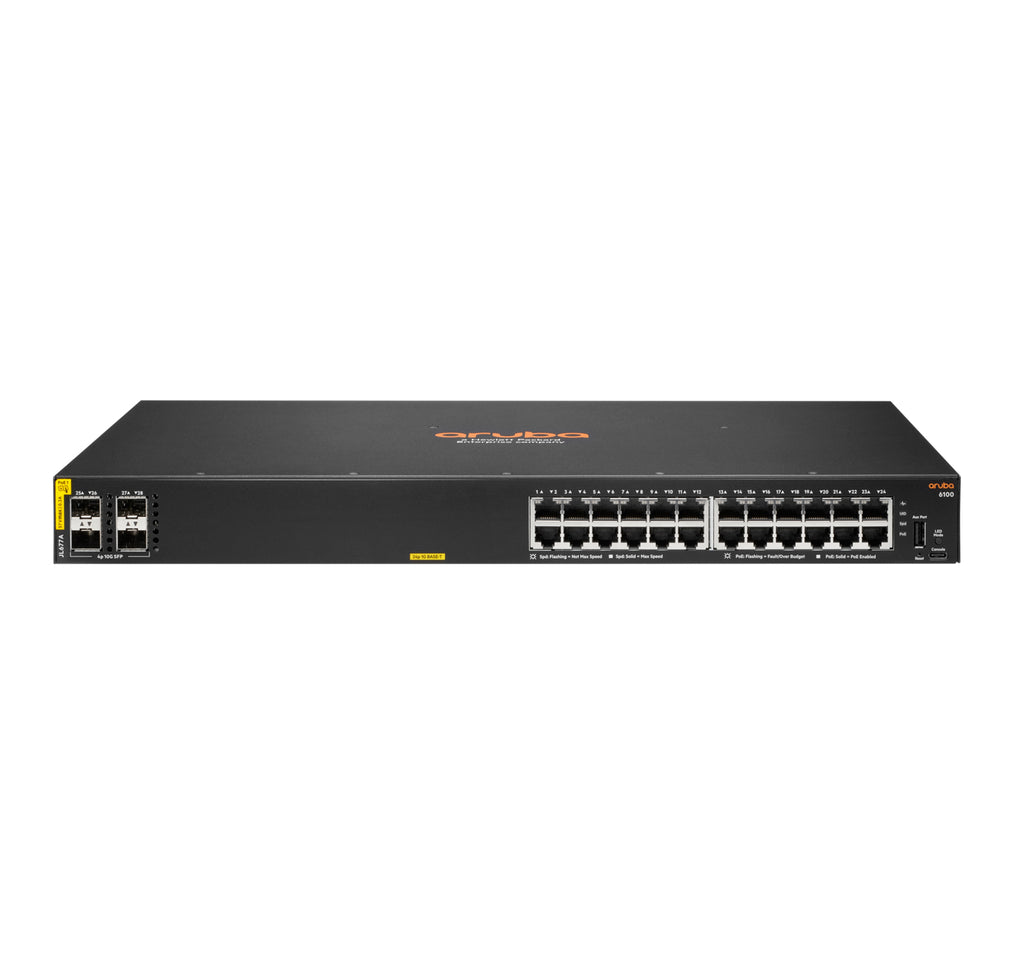 Aruba Networking CX 6100 24G Class4 PoE 4SFP+ 370W Gestionado L3 Gigabit Ethernet (10/100/1000) Energa sobre Ethernet (PoE) 1U Negro