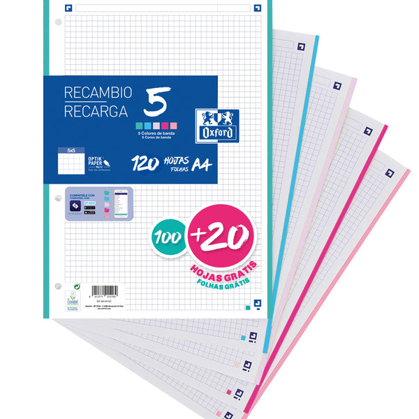 RECAMBIO CLASSIC 100H + 20H GRATIS A4 SUELTAS 90GR 5X5MM 4 TALADROS 5 BANDAS COLORES PASTEL