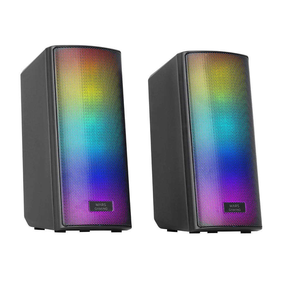 MSRGB2  Altavoces Bluetooth 5.3 15W  Procesador de Sonido DSP  Iluminacin RGB Dinmica  Frontal Total Mesh  Altavoces Compactos con Caja de Control  Entrada Jack de 3.5mm y USB  Negro