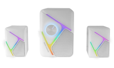MS-H21  Altavoces Gaming RGB 2.1 y Subwoofer 35W  Sistema Drivers Invertidos 3D Surround  Altavoces Compactos con Iluminacin Dinmica RGB  Alimentacin USB y Conector Jack 3.5mm  Blanco