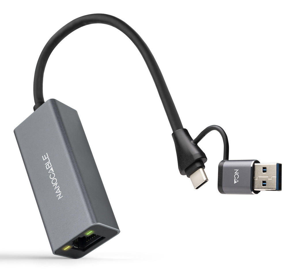 Conversor USB-C+USB-A/M 3.0 a Ethernet  Aluminio  Gris  15 cm