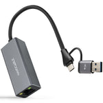 Conversor USB-C+USB-A/M 3.0 a Ethernet  Aluminio  Gris  15 cm