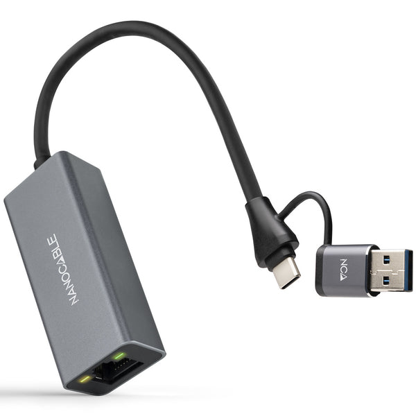 Conversor USB-C+USB-A/M 3.0 a Ethernet  Aluminio  Gris  15 cm