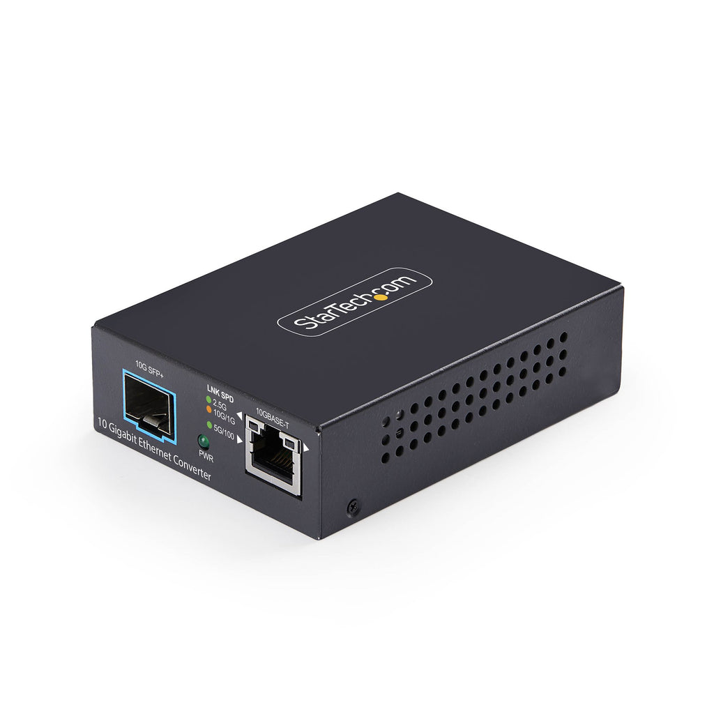 Conversor de Medios de Fibra ptica Multigigabit 10GbE con SFP+ Abierto - Cobre a SFP+ 10GBASE-X - 10G/5G/2 5G/1G/100M - Monomodo - Multimodo - Tramas Jumbo de 16K - TAA