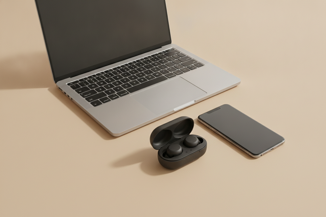 Portátil ultraligero, smartphone y auriculares inalámbricos en Tecno IT